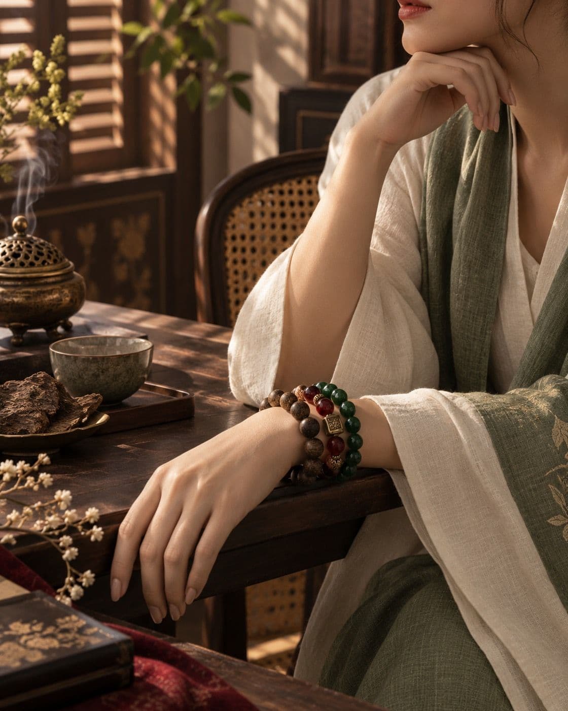 Bàn trà, vòng trầm và ánh nắng xiên qua cửa chớp